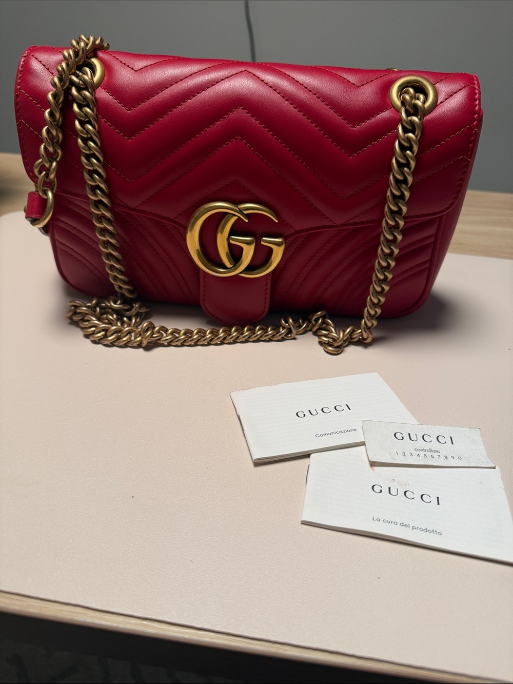 Gucci Red Chevron Quilted Shoulder Bag with Gold GG
